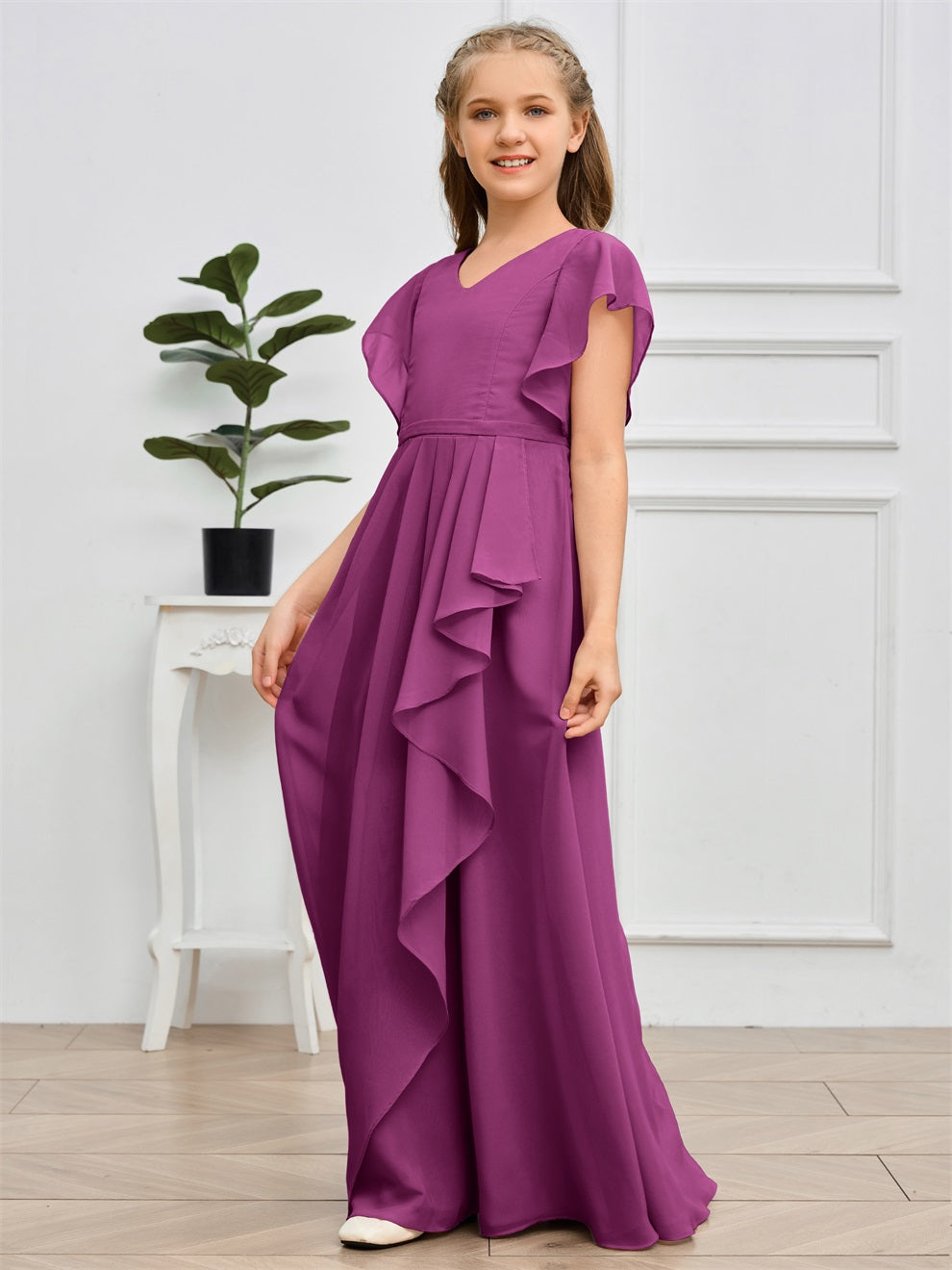 Col V kurze Ärmel Bodenlanges Chiffon Junior Brautjungfernkleid