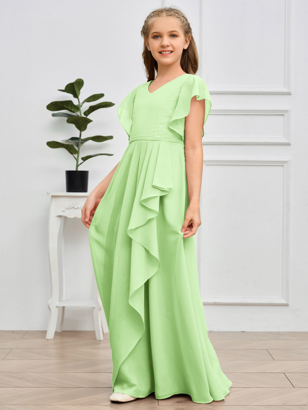 Col V kurze Ärmel Bodenlanges Chiffon Junior Brautjungfernkleid