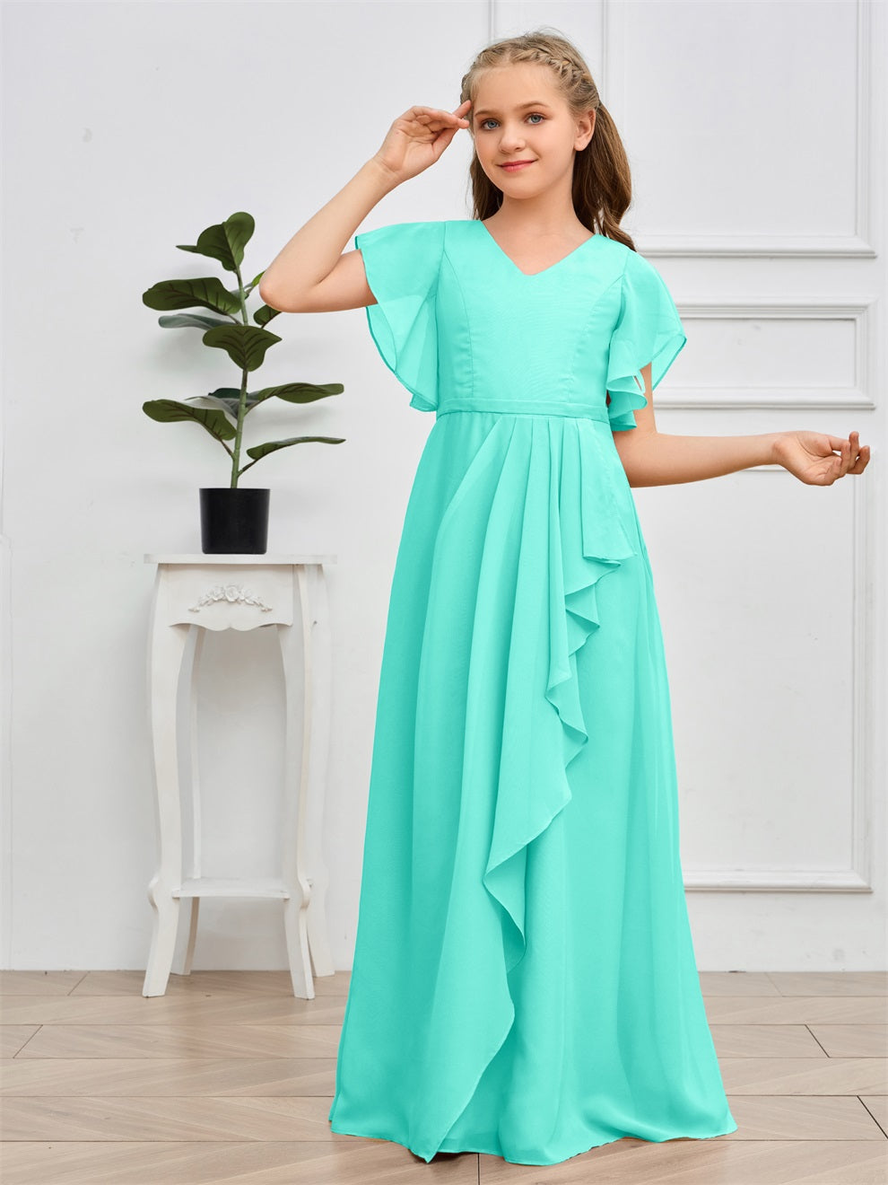 Col V kurze Ärmel Bodenlanges Chiffon Junior Brautjungfernkleid