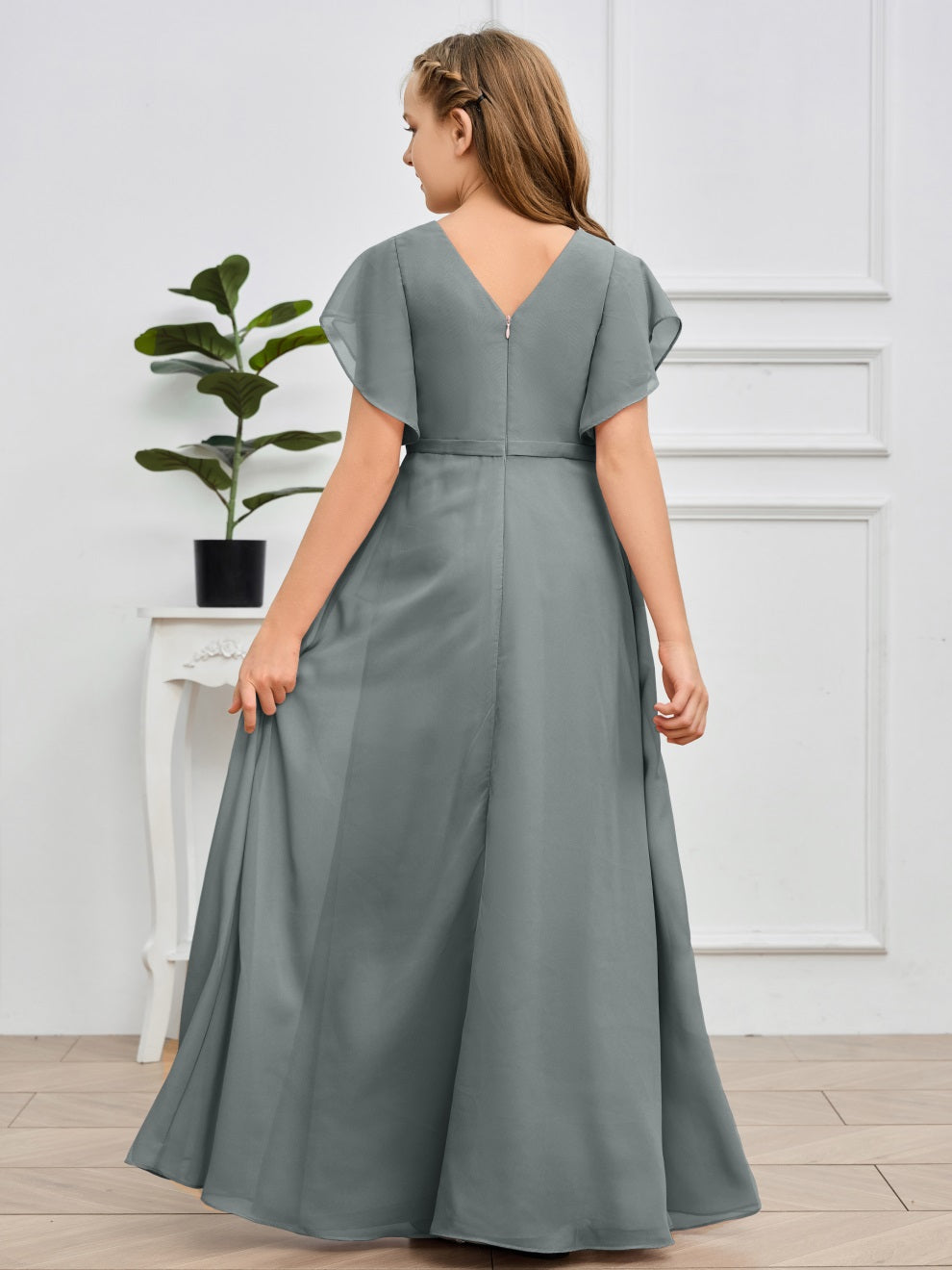 Col V kurze Ärmel Bodenlanges Chiffon Junior Brautjungfernkleid