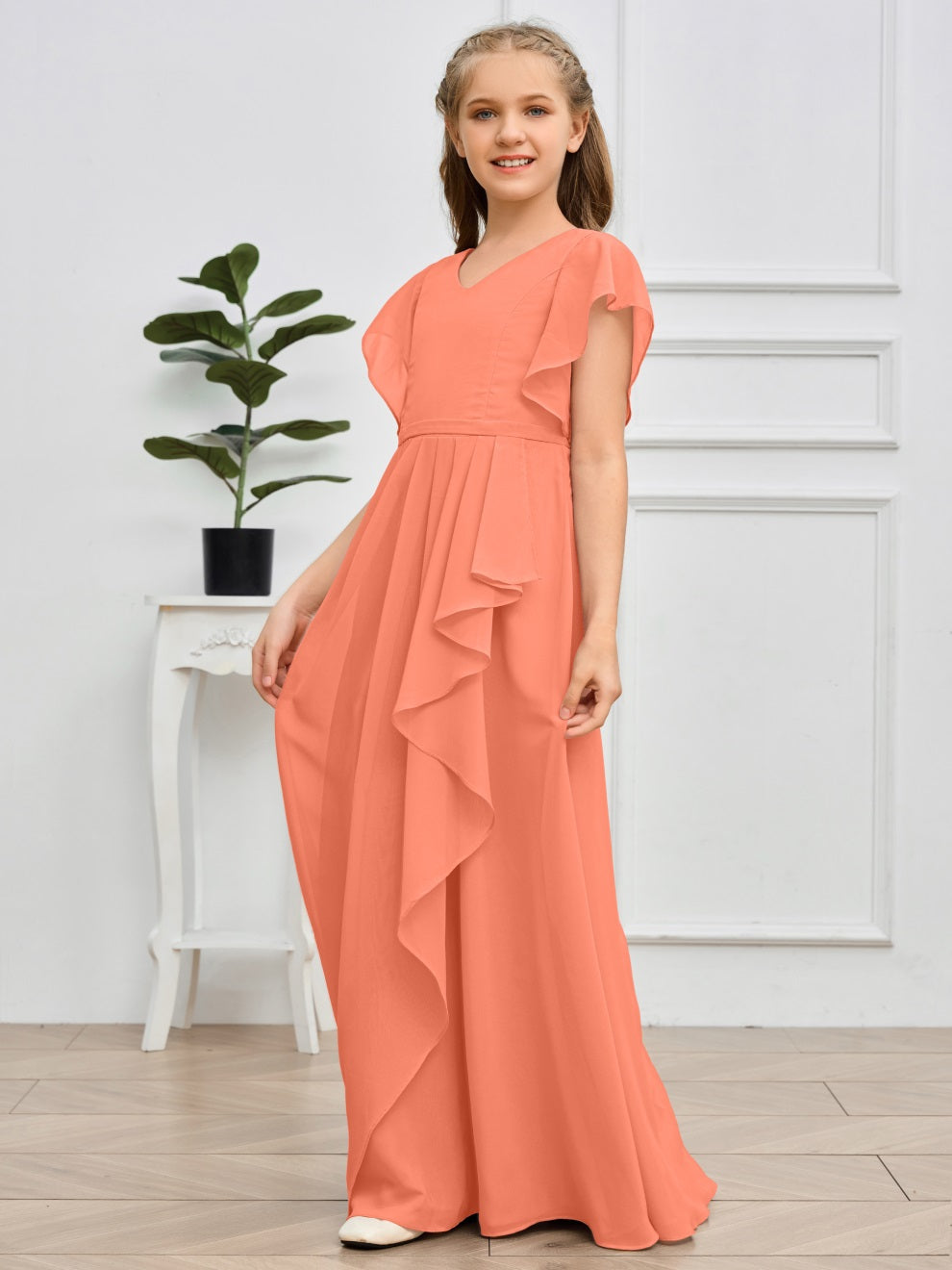 Col V kurze Ärmel Bodenlanges Chiffon Junior Brautjungfernkleid