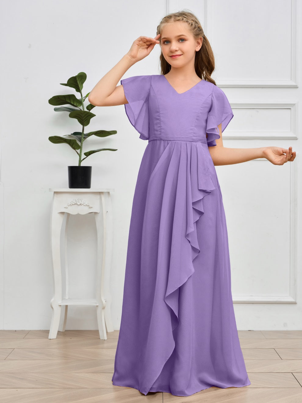 Col V kurze Ärmel Bodenlanges Chiffon Junior Brautjungfernkleid