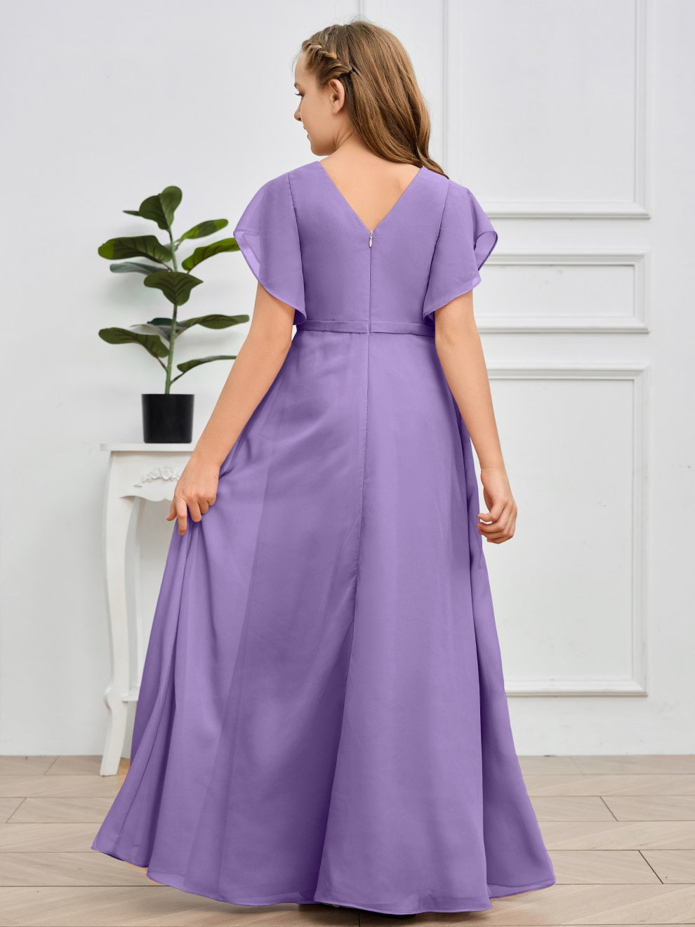 Col V kurze Ärmel Bodenlanges Chiffon Junior Brautjungfernkleid