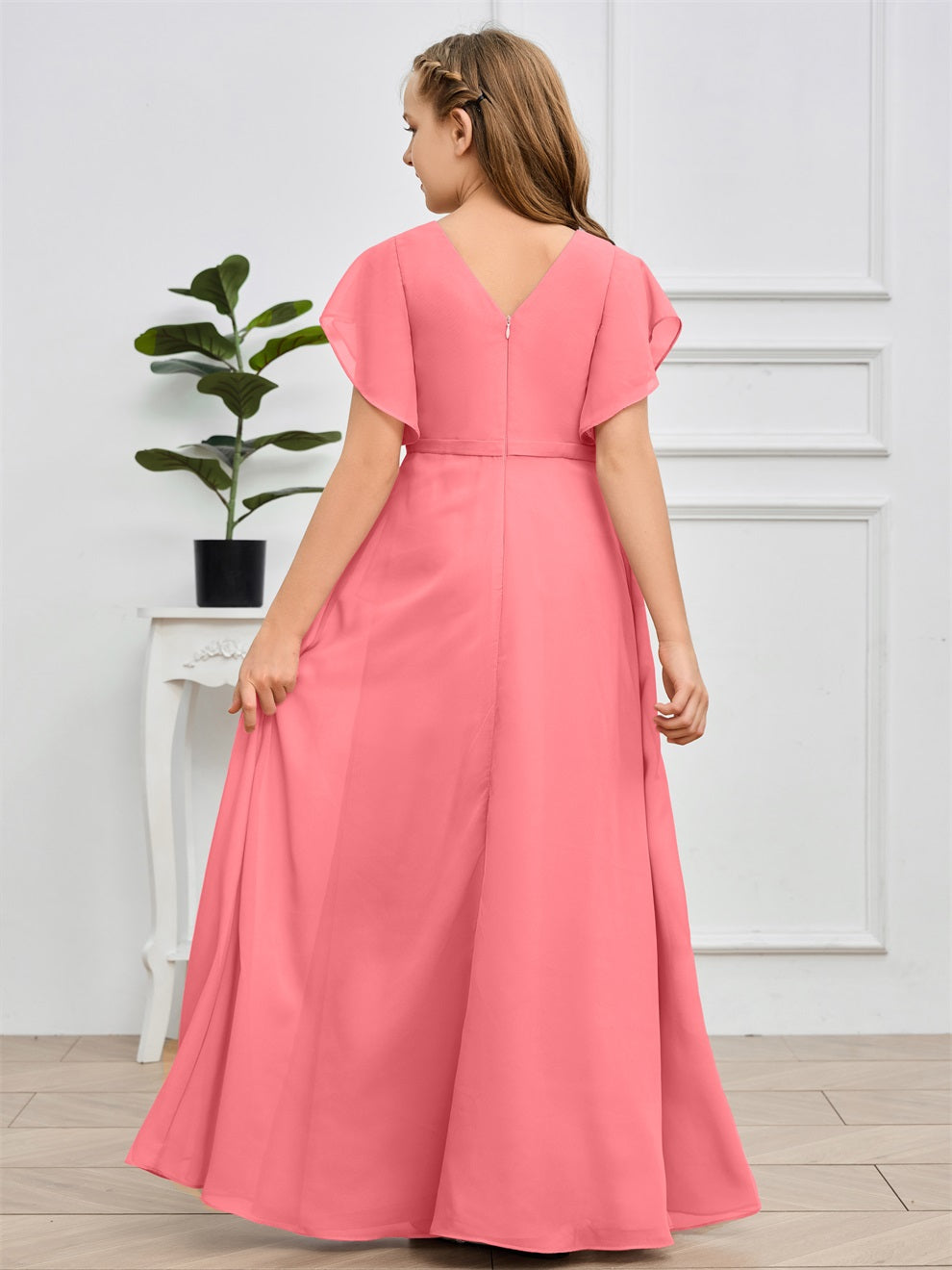 Col V kurze Ärmel Bodenlanges Chiffon Junior Brautjungfernkleid