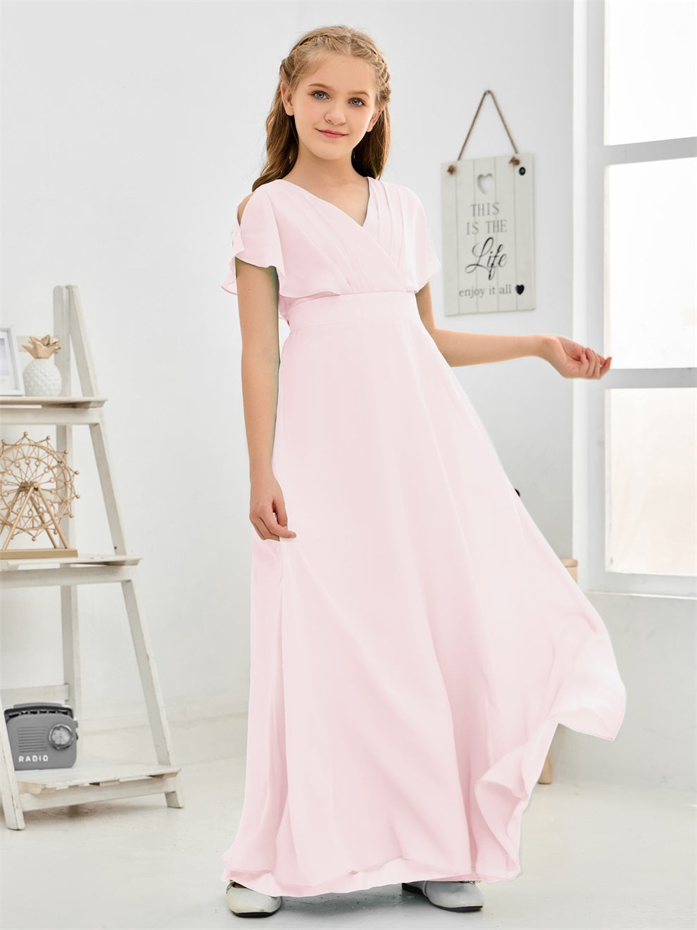 Gewellter V-Ausschnitt Chiffon Junior Brautjungfernkleid