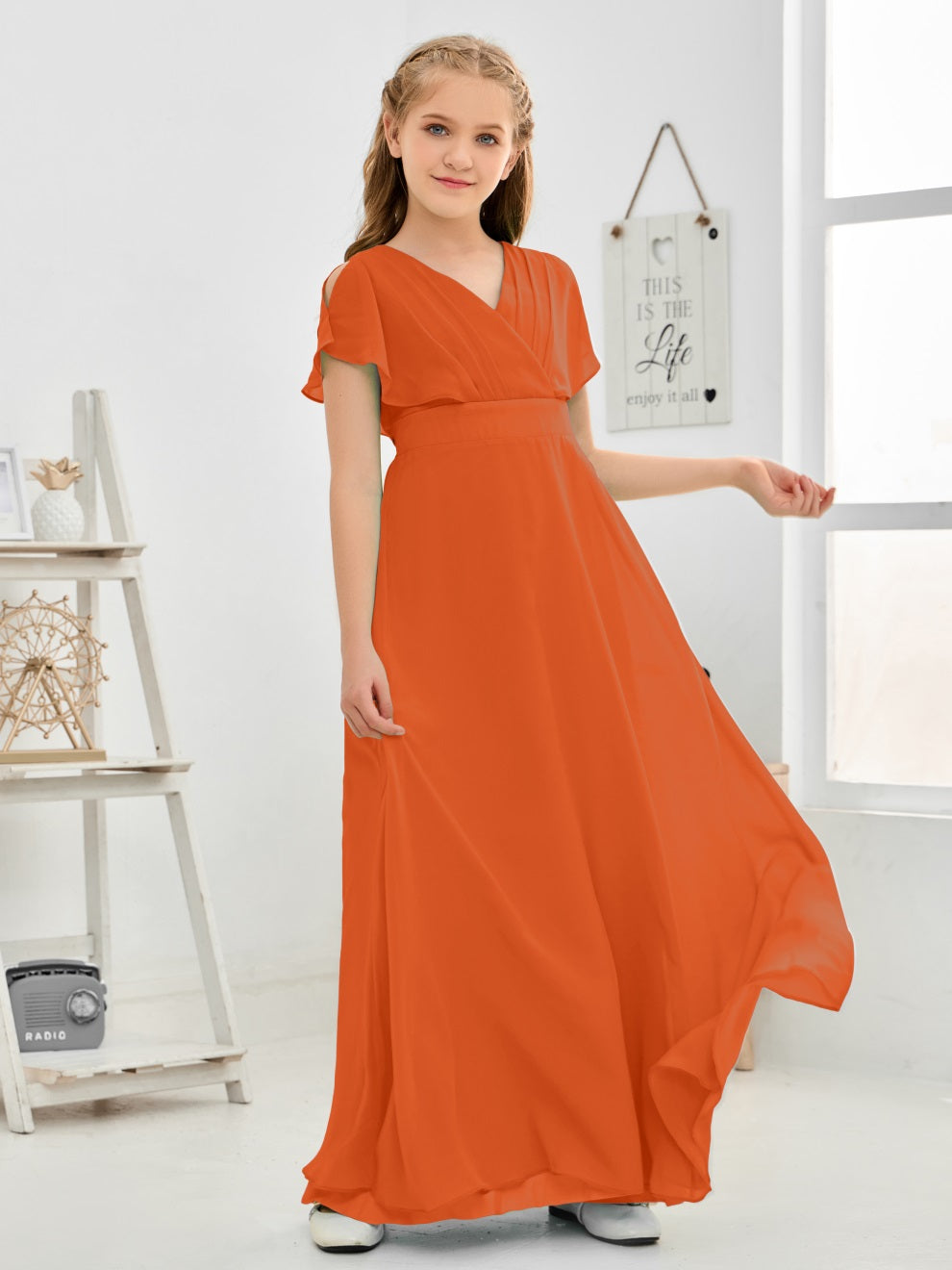 Gewellter V-Ausschnitt Chiffon Junior Brautjungfernkleid