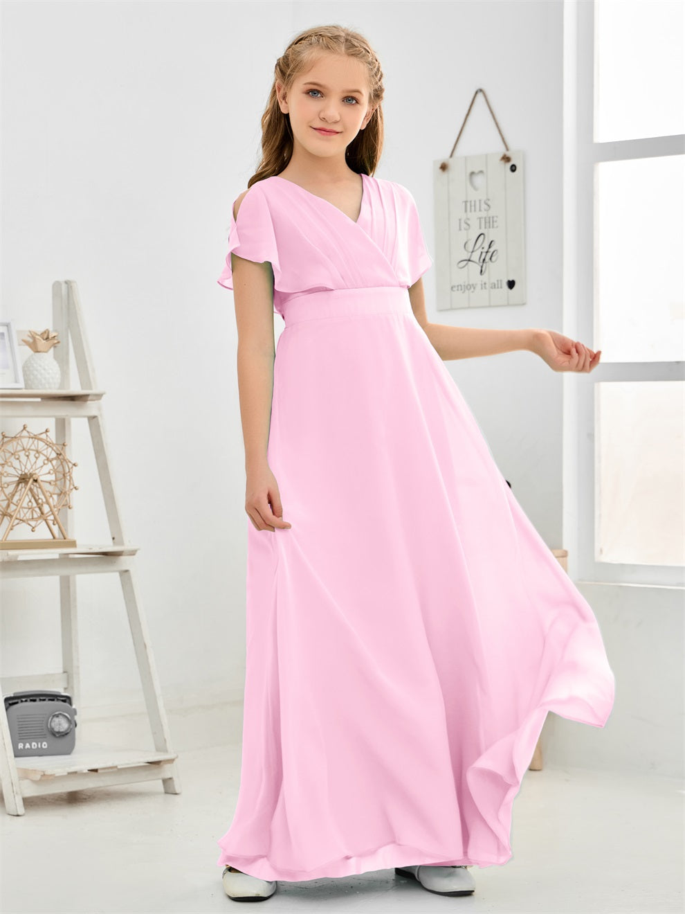 Gewellter V-Ausschnitt Chiffon Junior Brautjungfernkleid