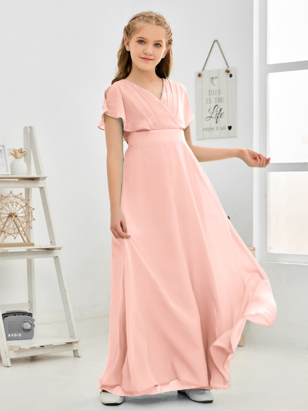 Gewellter V-Ausschnitt Chiffon Junior Brautjungfernkleid