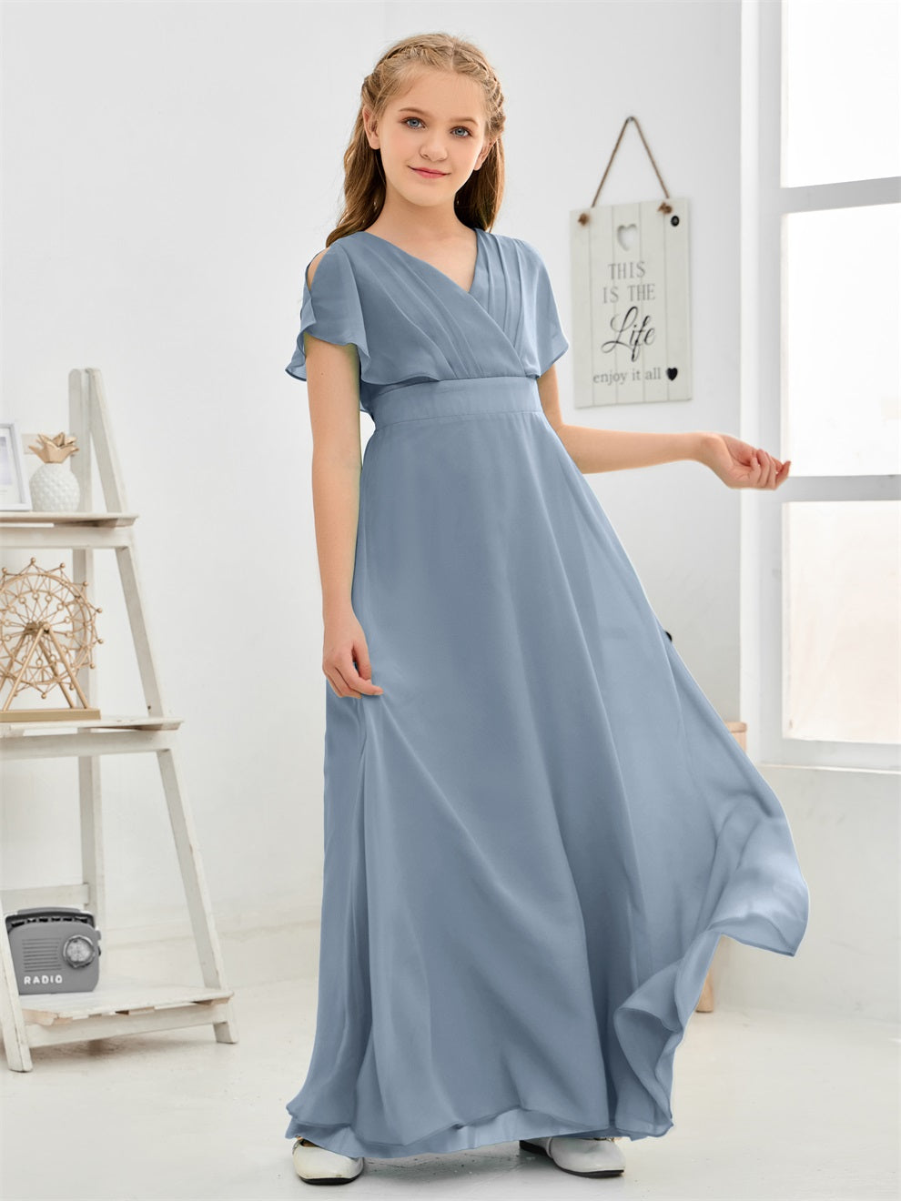 Gewellter V-Ausschnitt Chiffon Junior Brautjungfernkleid