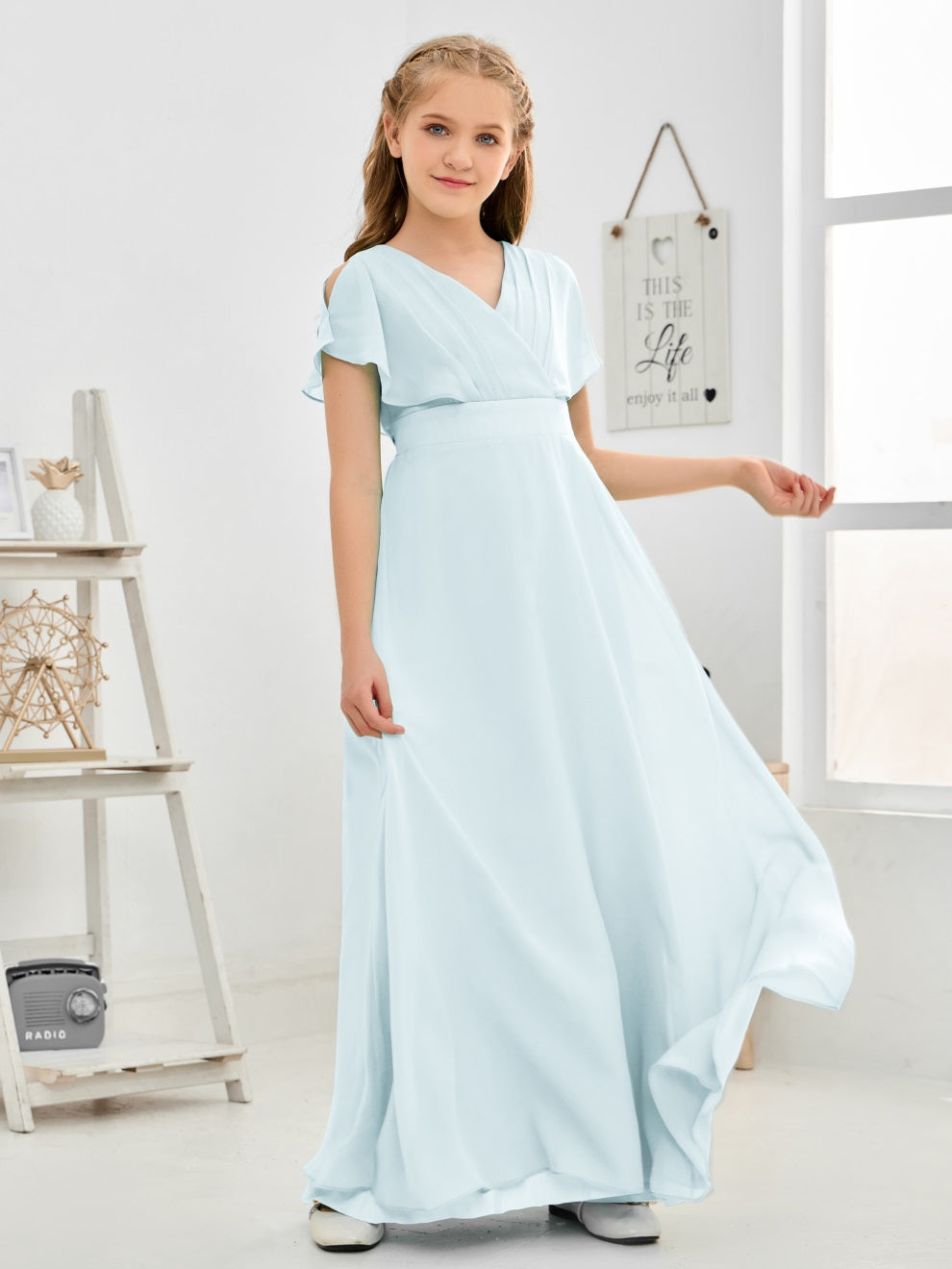 Gewellter V-Ausschnitt Chiffon Junior Brautjungfernkleid