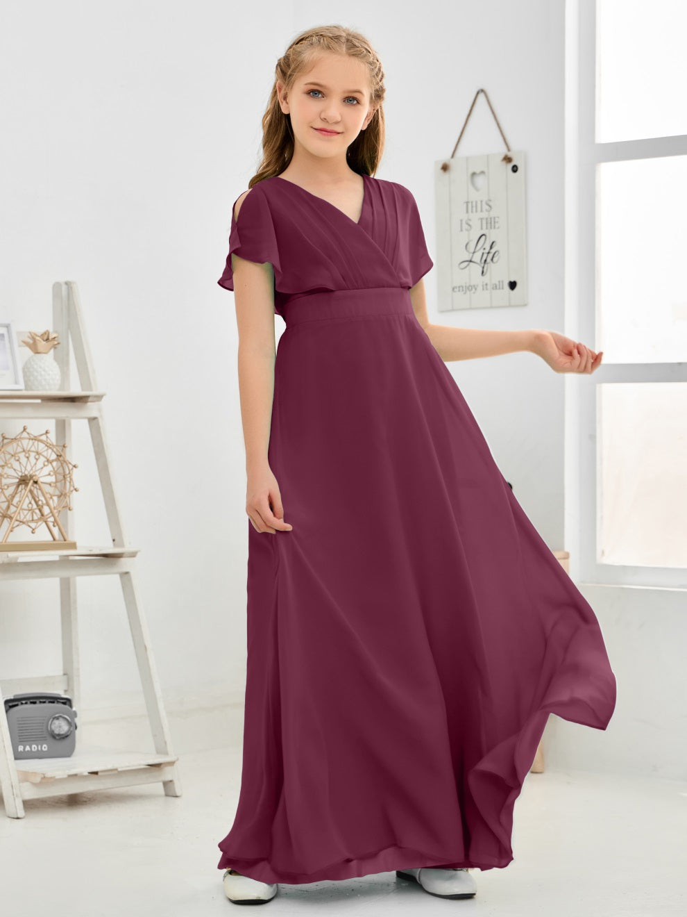 Gewellter V-Ausschnitt Chiffon Junior Brautjungfernkleid