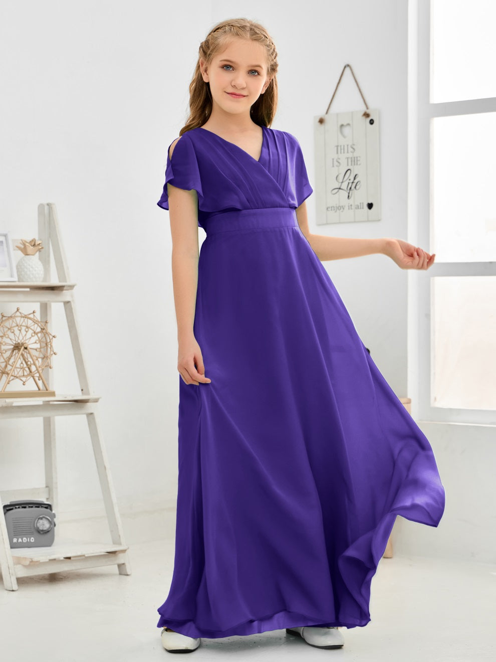 Gewellter V-Ausschnitt Chiffon Junior Brautjungfernkleid