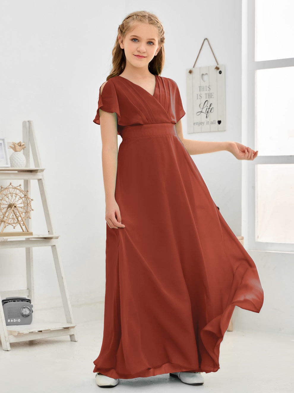 Gewellter V-Ausschnitt Chiffon Junior Brautjungfernkleid