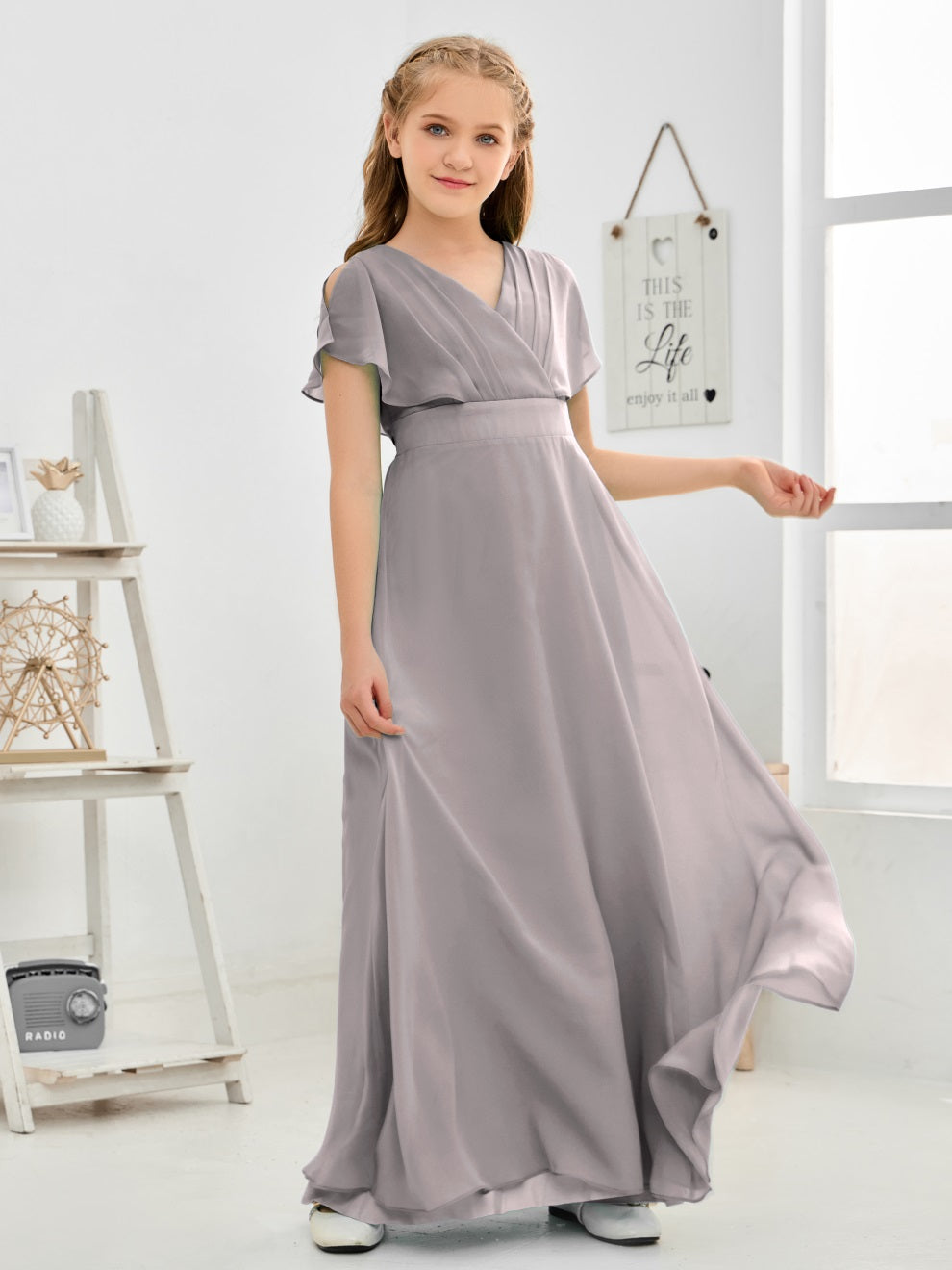 Gewellter V-Ausschnitt Chiffon Junior Brautjungfernkleid