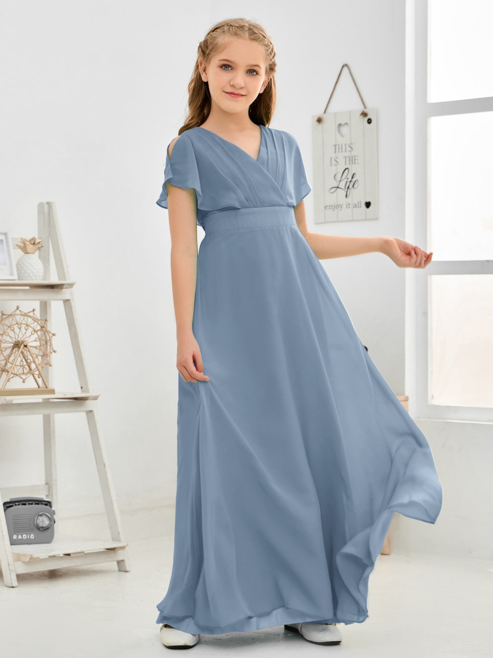 Gewellter V-Ausschnitt Chiffon Junior Brautjungfernkleid