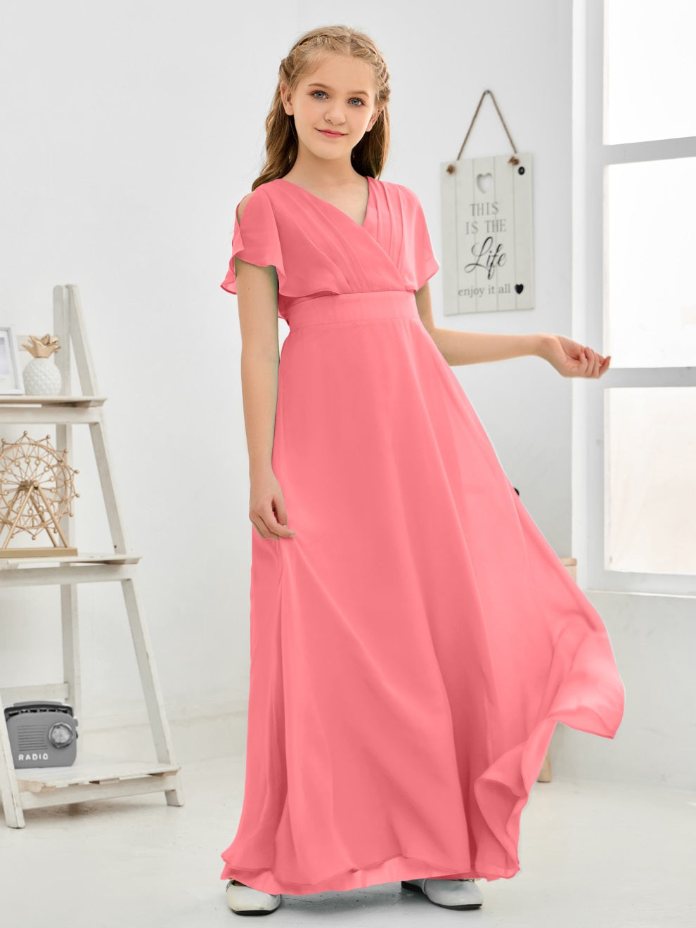 Gewellter V-Ausschnitt Chiffon Junior Brautjungfernkleid