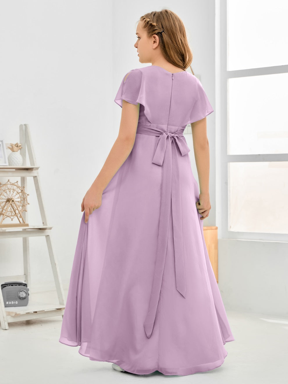 Gewellter V-Ausschnitt Chiffon Junior Brautjungfernkleid