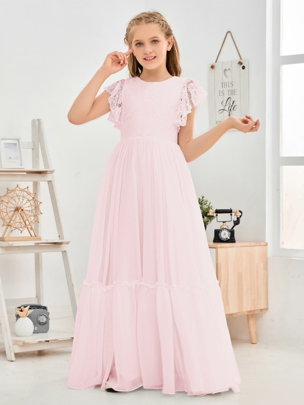 Kappenärmel A Linie Spitze Top Junior Chiffon Brautjungfernkleid