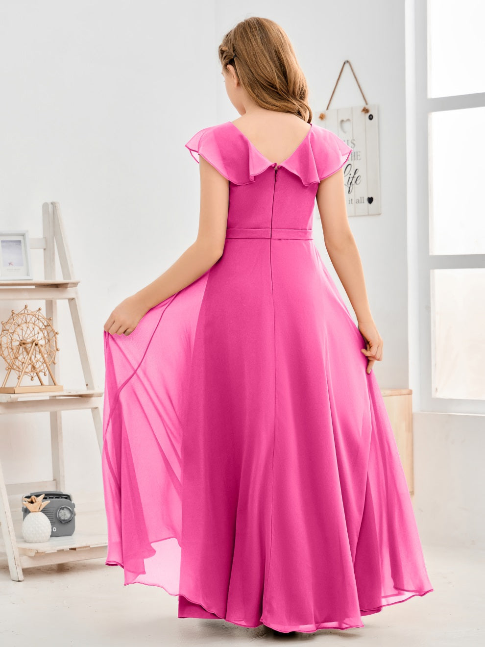 Gewellter V-Ausschnitt Chiffon Junior Brautjungfernkleid