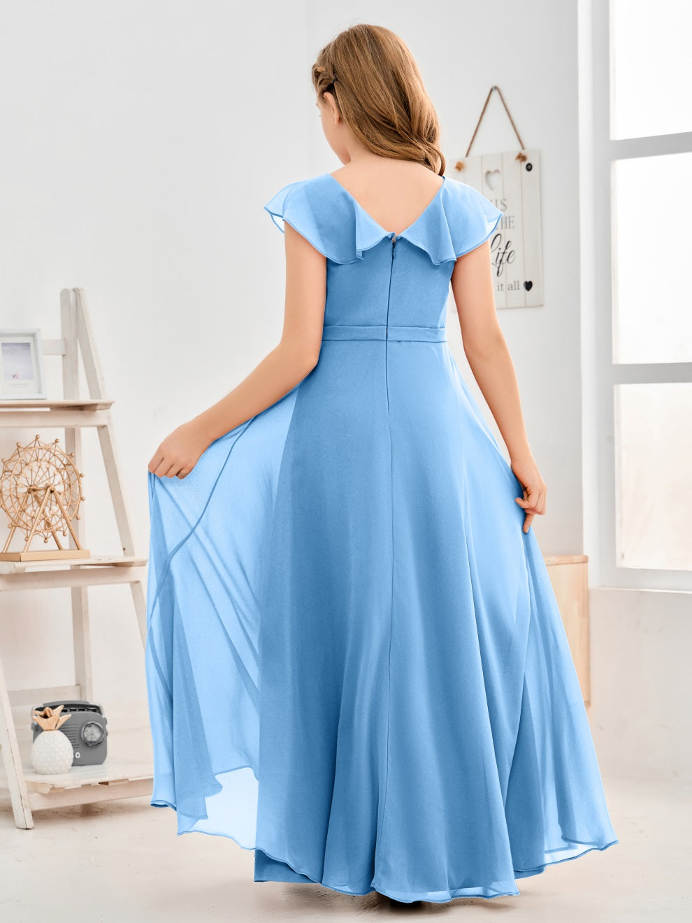 Gewellter V-Ausschnitt Chiffon Junior Brautjungfernkleid