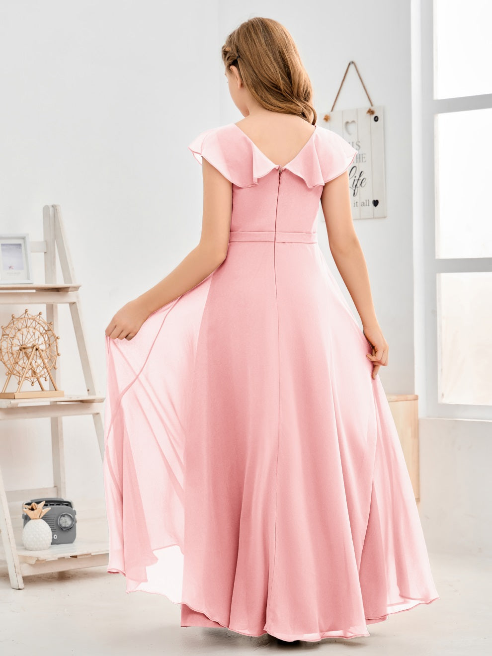 Gewellter V-Ausschnitt Chiffon Junior Brautjungfernkleid