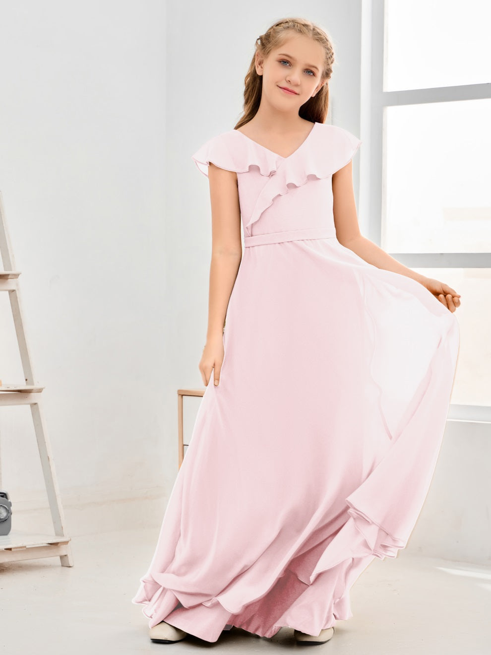 Gewellter V-Ausschnitt Chiffon Junior Brautjungfernkleid