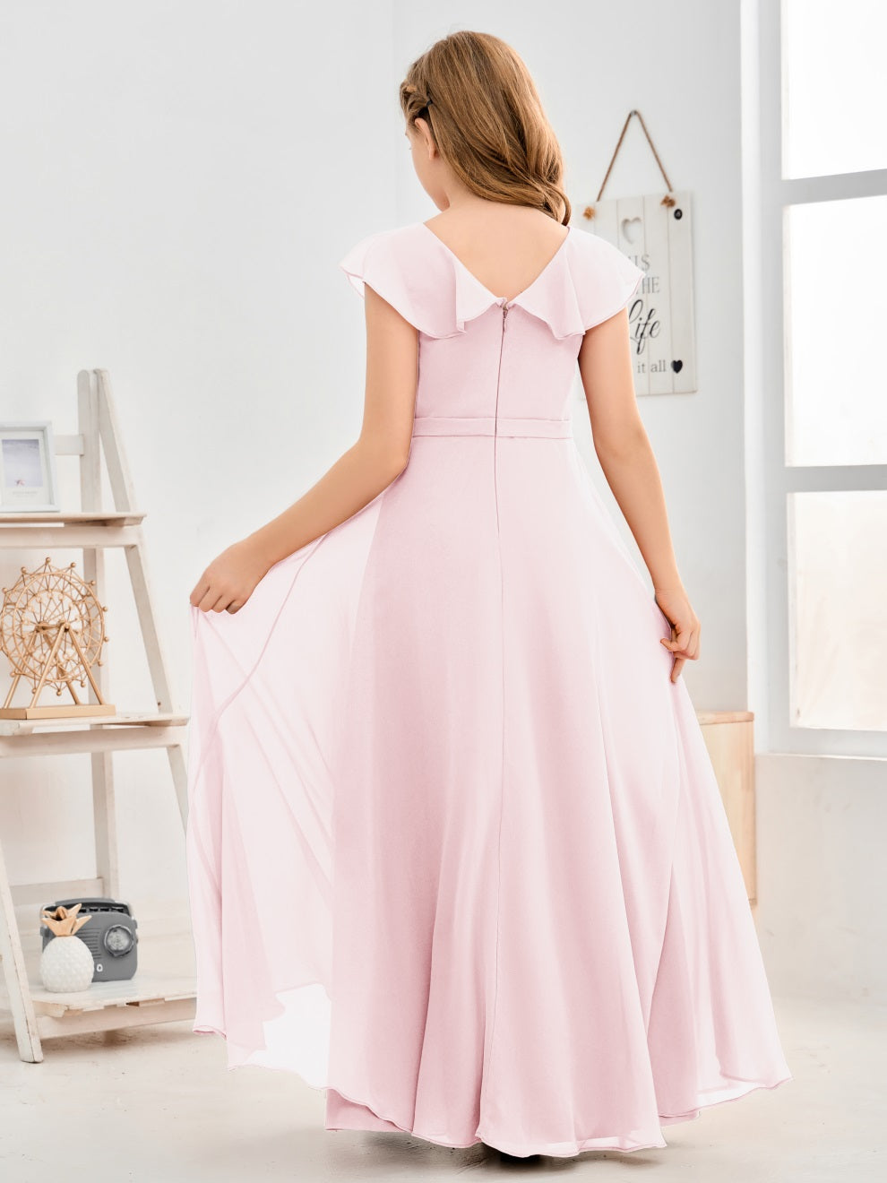 Gewellter V-Ausschnitt Chiffon Junior Brautjungfernkleid