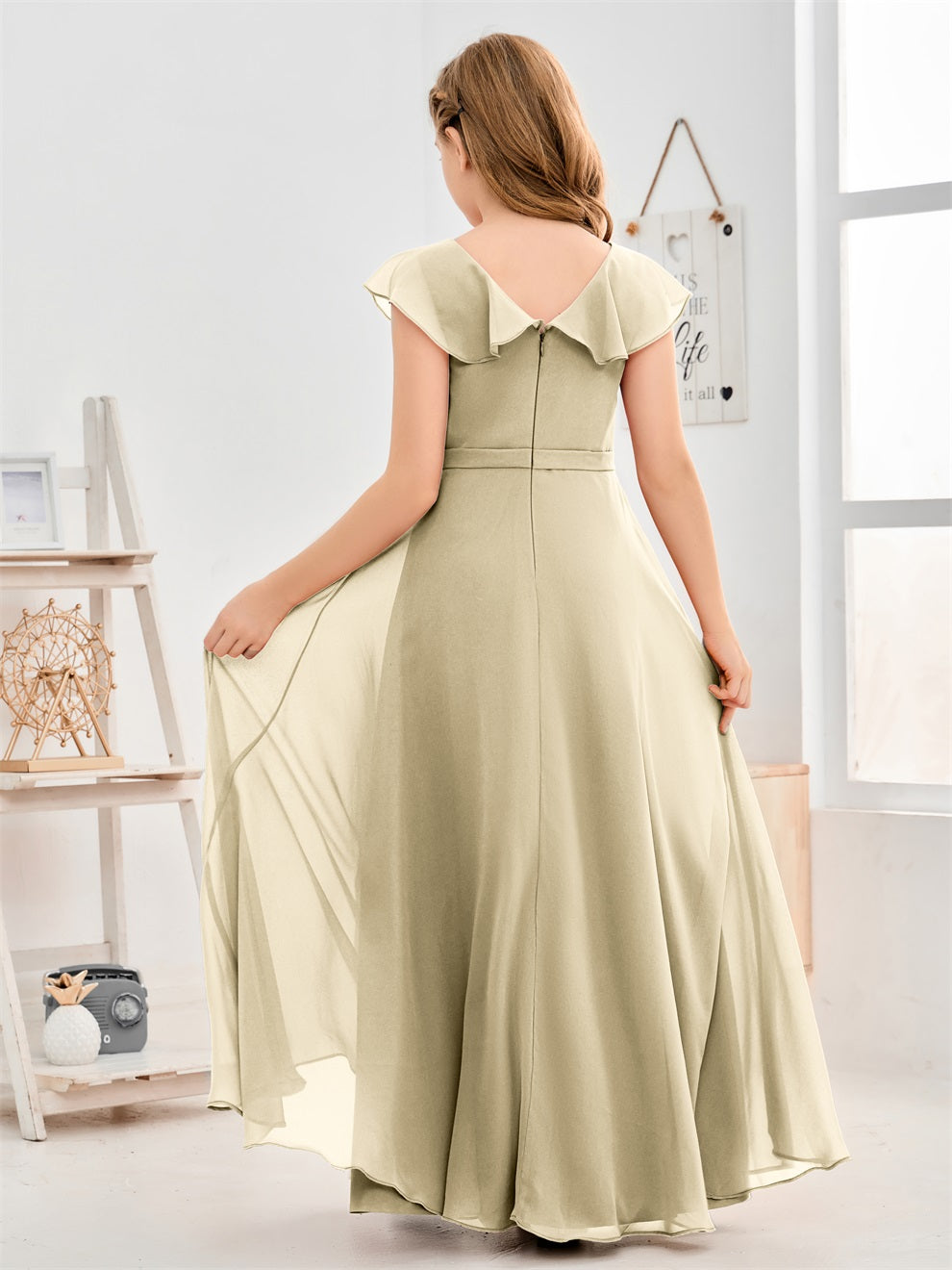 Gewellter V-Ausschnitt Chiffon Junior Brautjungfernkleid