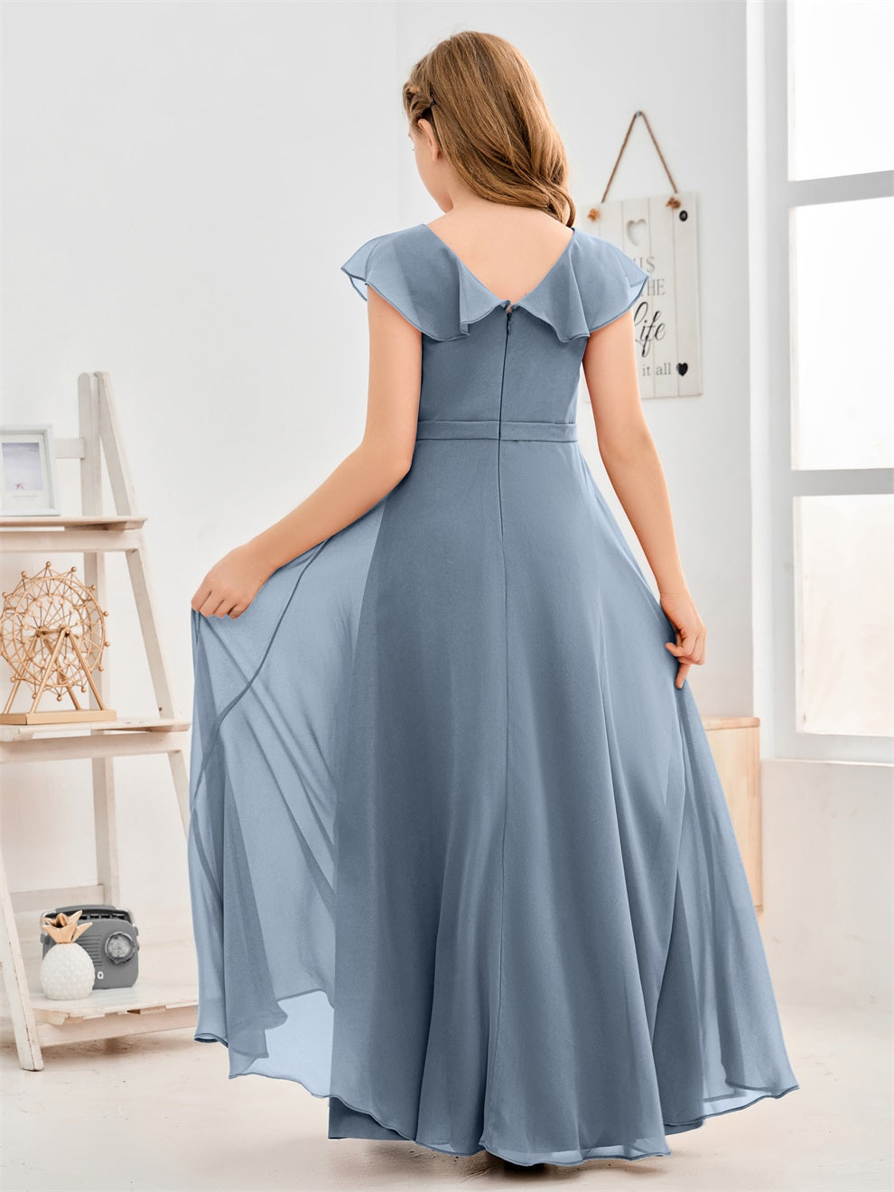 Gewellter V-Ausschnitt Chiffon Junior Brautjungfernkleid