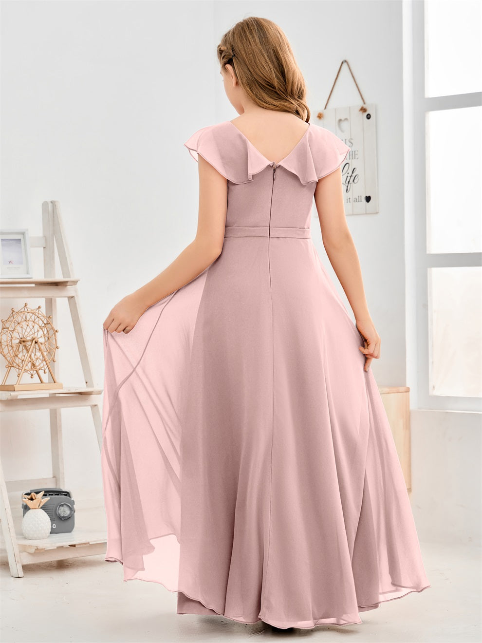 Gewellter V-Ausschnitt Chiffon Junior Brautjungfernkleid