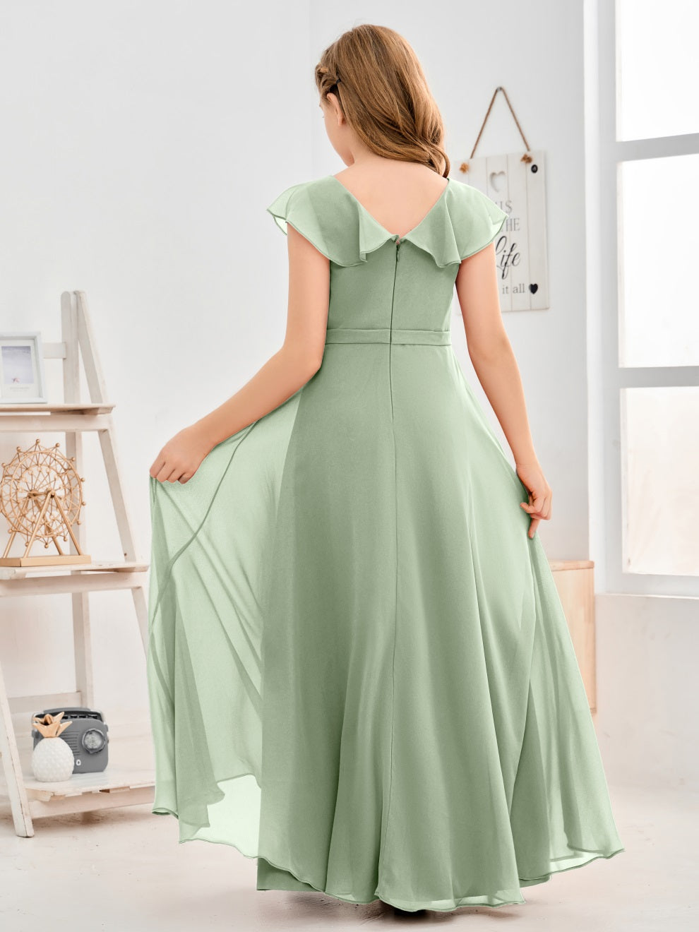 Gewellter V-Ausschnitt Chiffon Junior Brautjungfernkleid