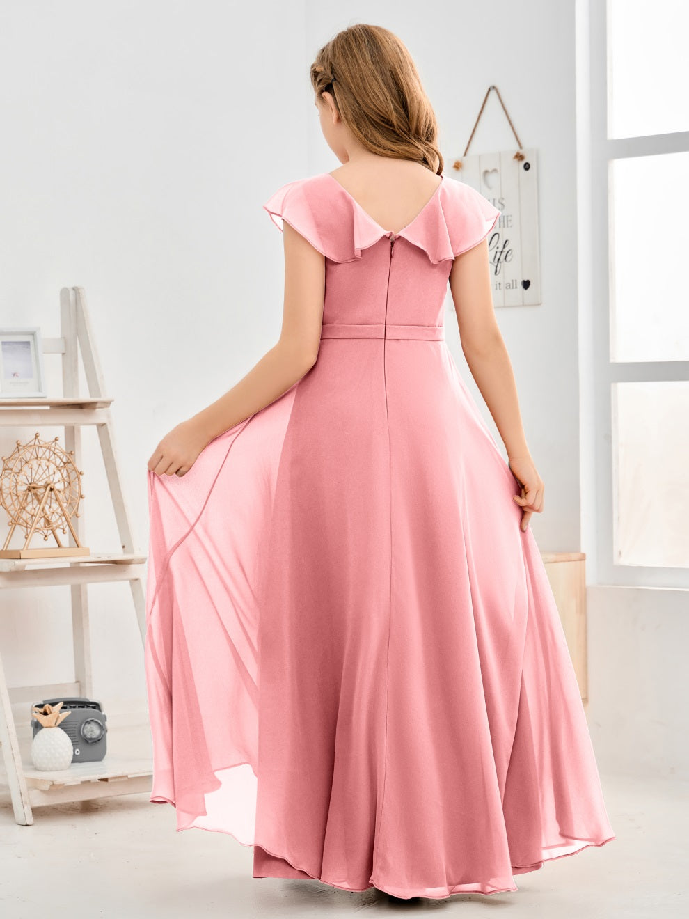 Gewellter V-Ausschnitt Chiffon Junior Brautjungfernkleid