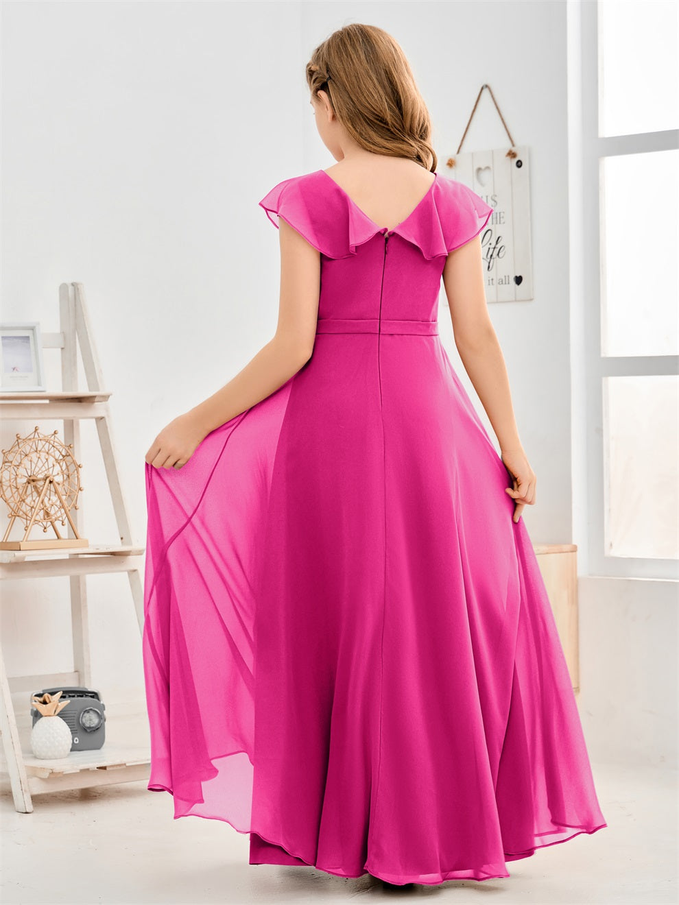 Gewellter V-Ausschnitt Chiffon Junior Brautjungfernkleid