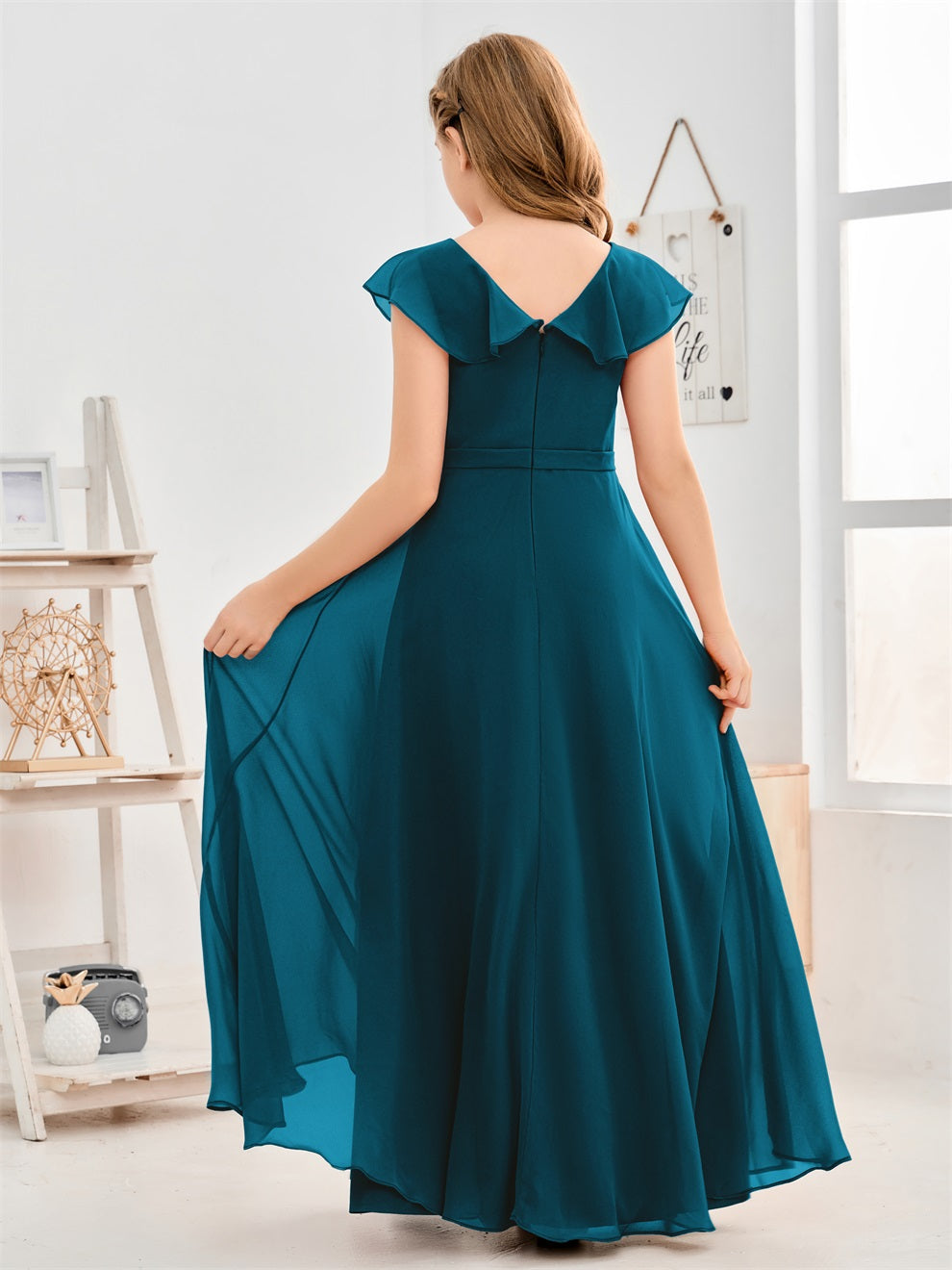 Gewellter V-Ausschnitt Chiffon Junior Brautjungfernkleid