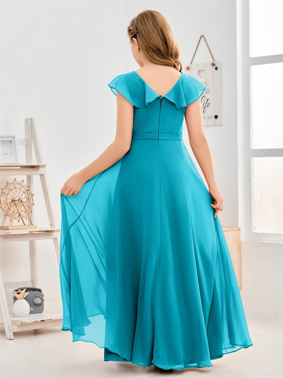 Gewellter V-Ausschnitt Chiffon Junior Brautjungfernkleid