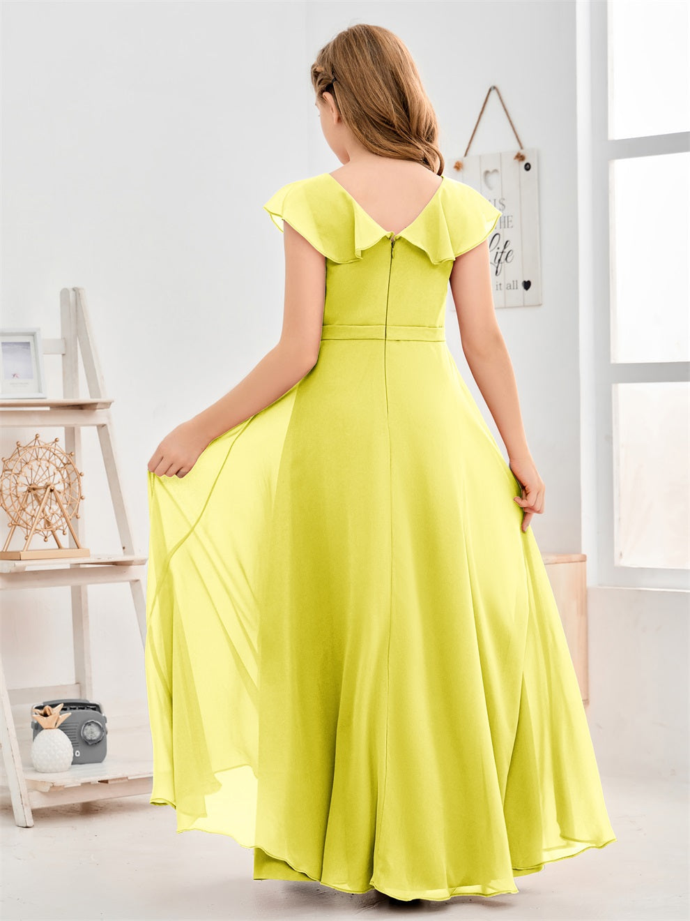 Gewellter V-Ausschnitt Chiffon Junior Brautjungfernkleid