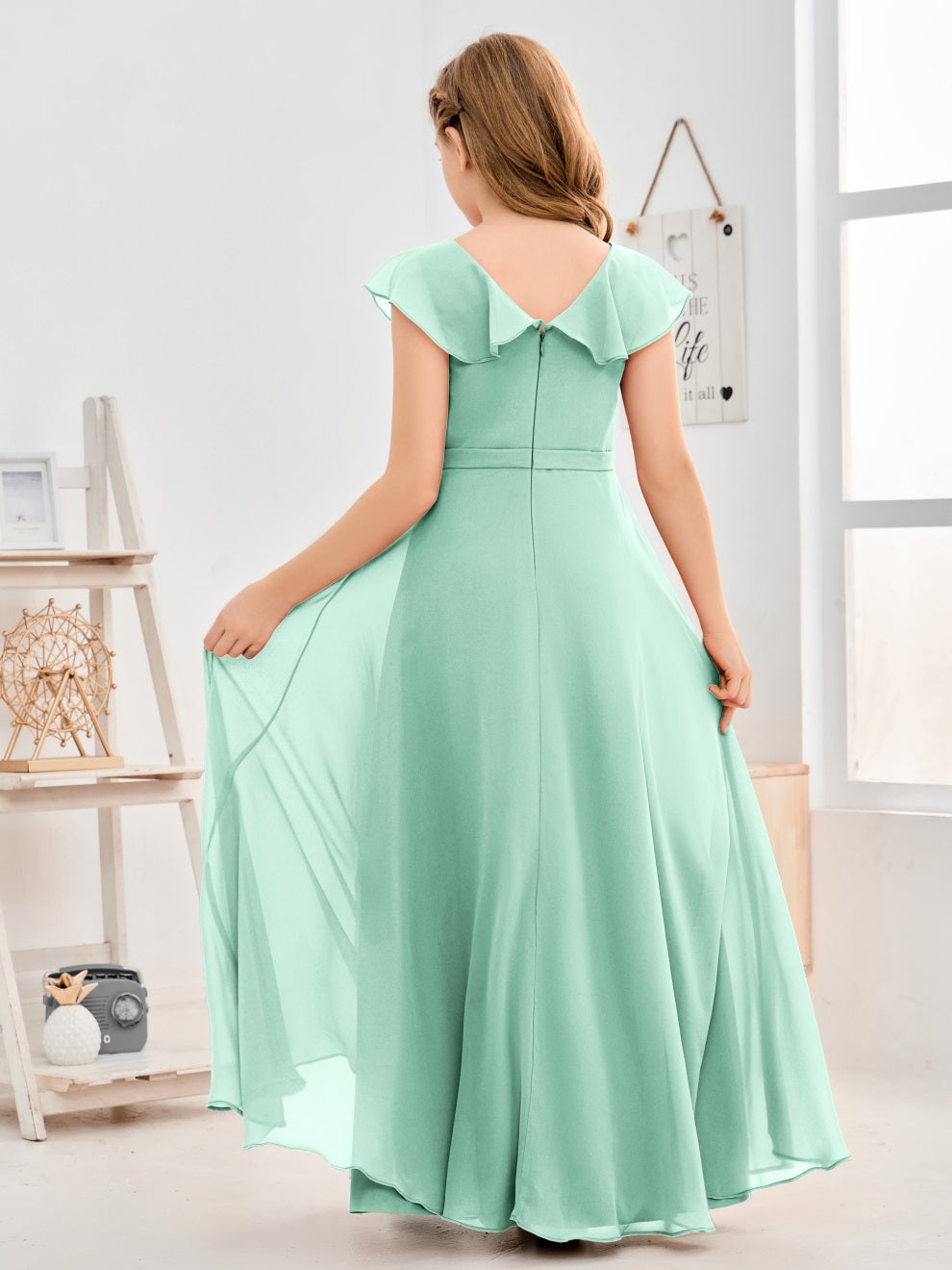 Gewellter V-Ausschnitt Chiffon Junior Brautjungfernkleid