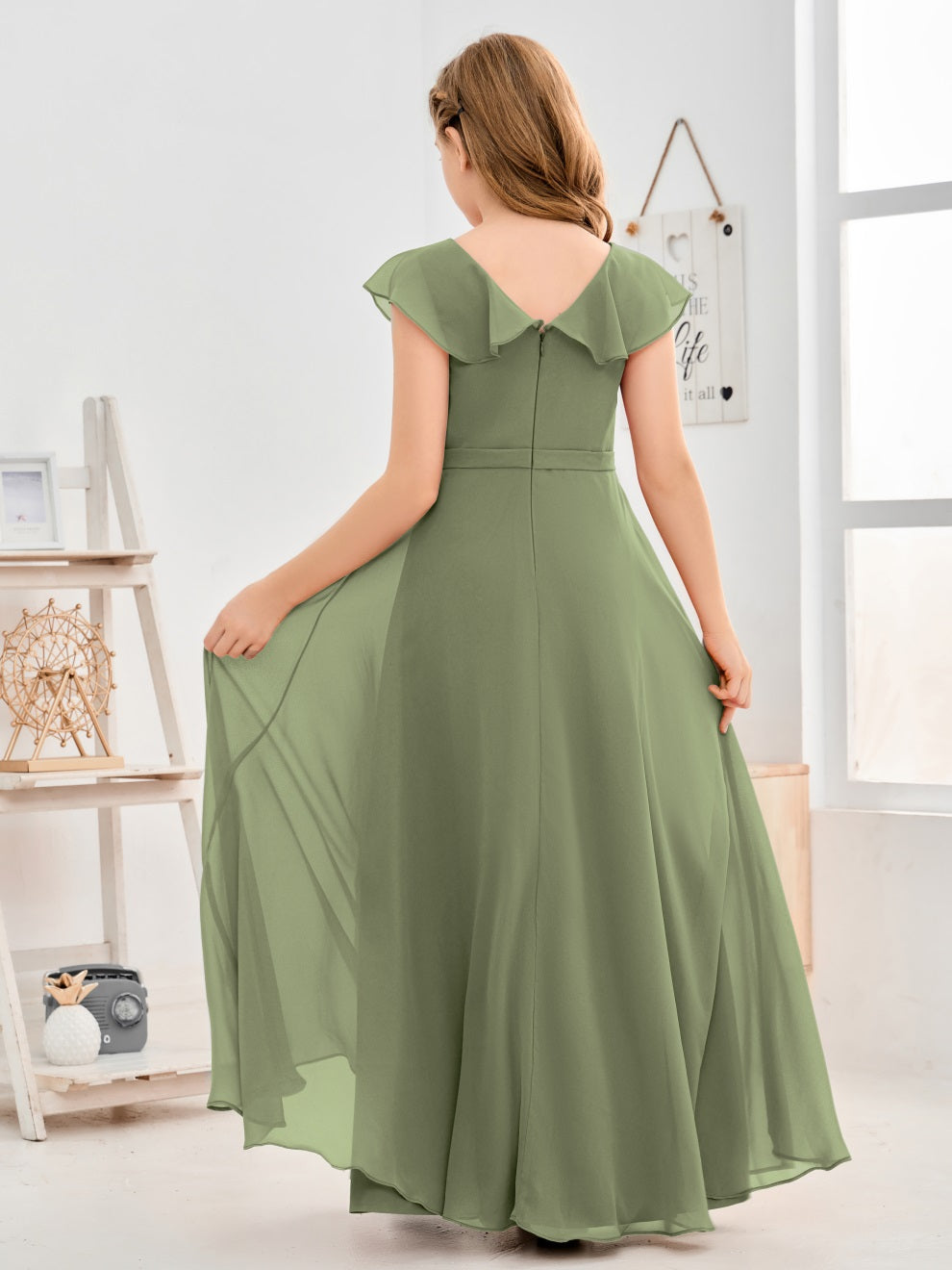 Gewellter V-Ausschnitt Chiffon Junior Brautjungfernkleid