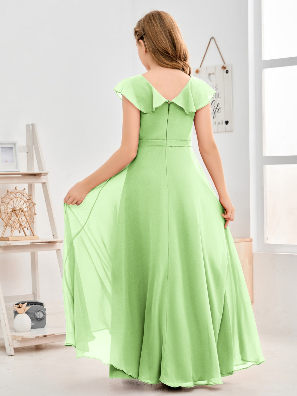 Gewellter V-Ausschnitt Chiffon Junior Brautjungfernkleid