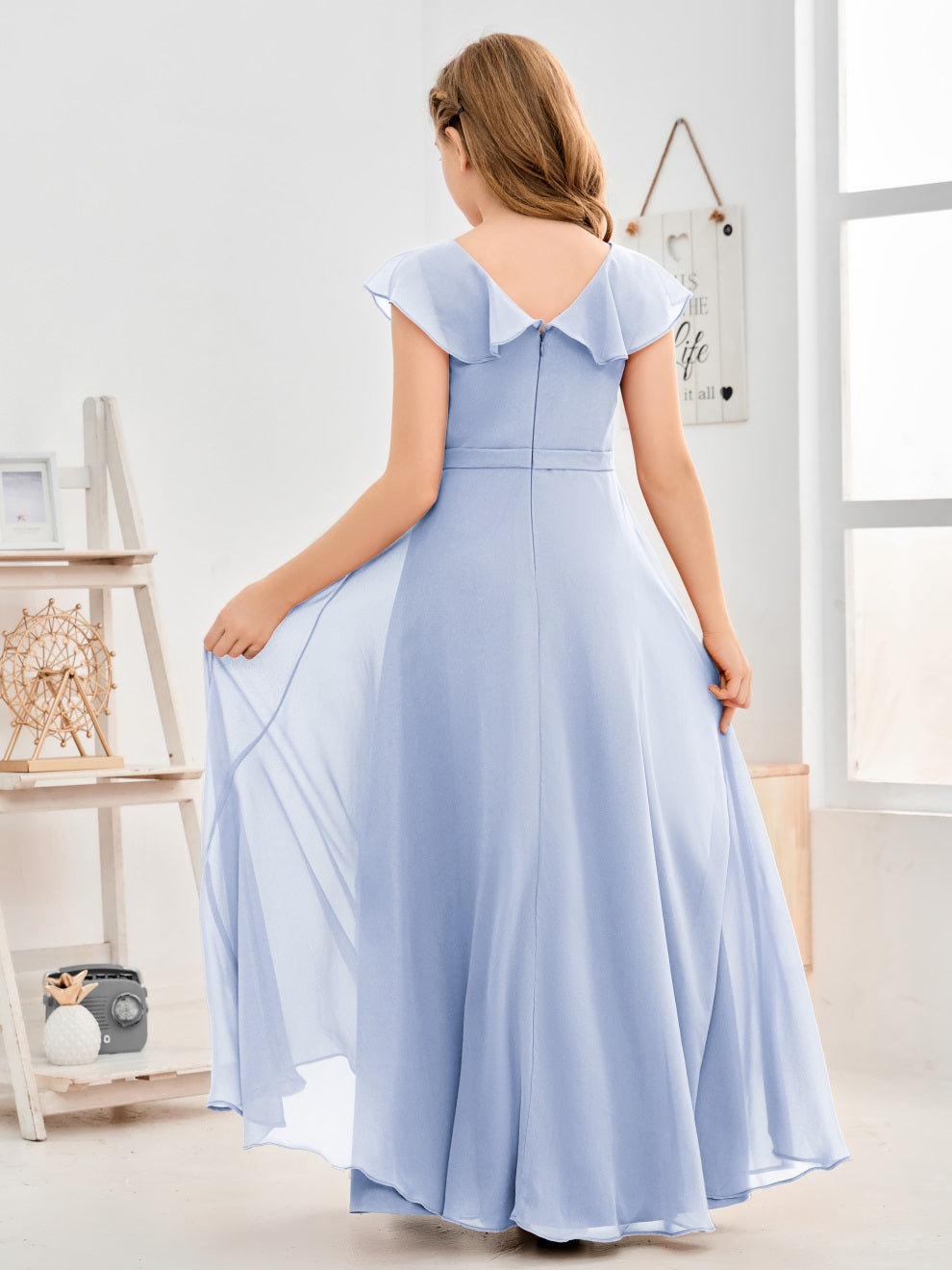 Gewellter V-Ausschnitt Chiffon Junior Brautjungfernkleid