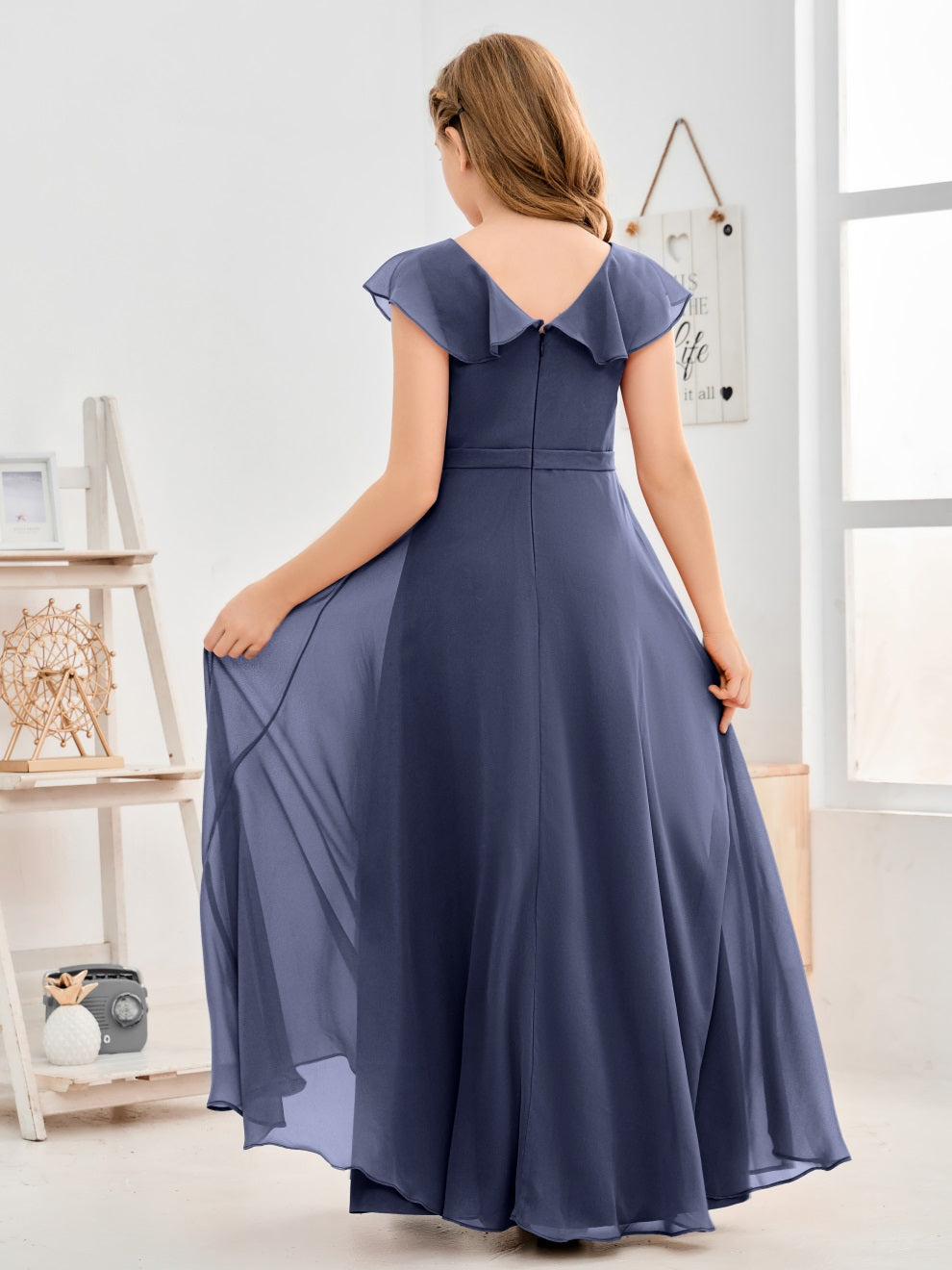 Gewellter V-Ausschnitt Chiffon Junior Brautjungfernkleid