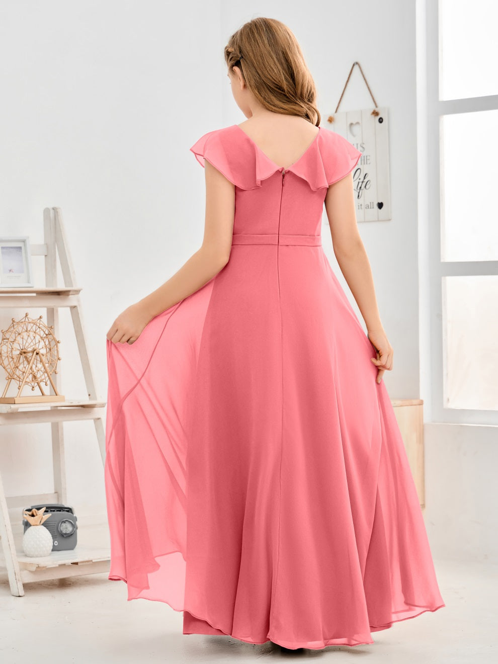 Gewellter V-Ausschnitt Chiffon Junior Brautjungfernkleid