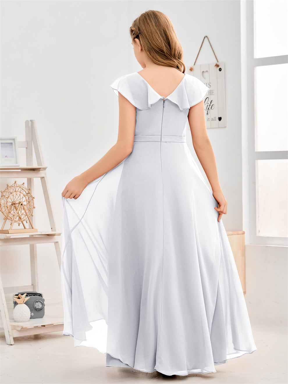 Gewellter V-Ausschnitt Chiffon Junior Brautjungfernkleid