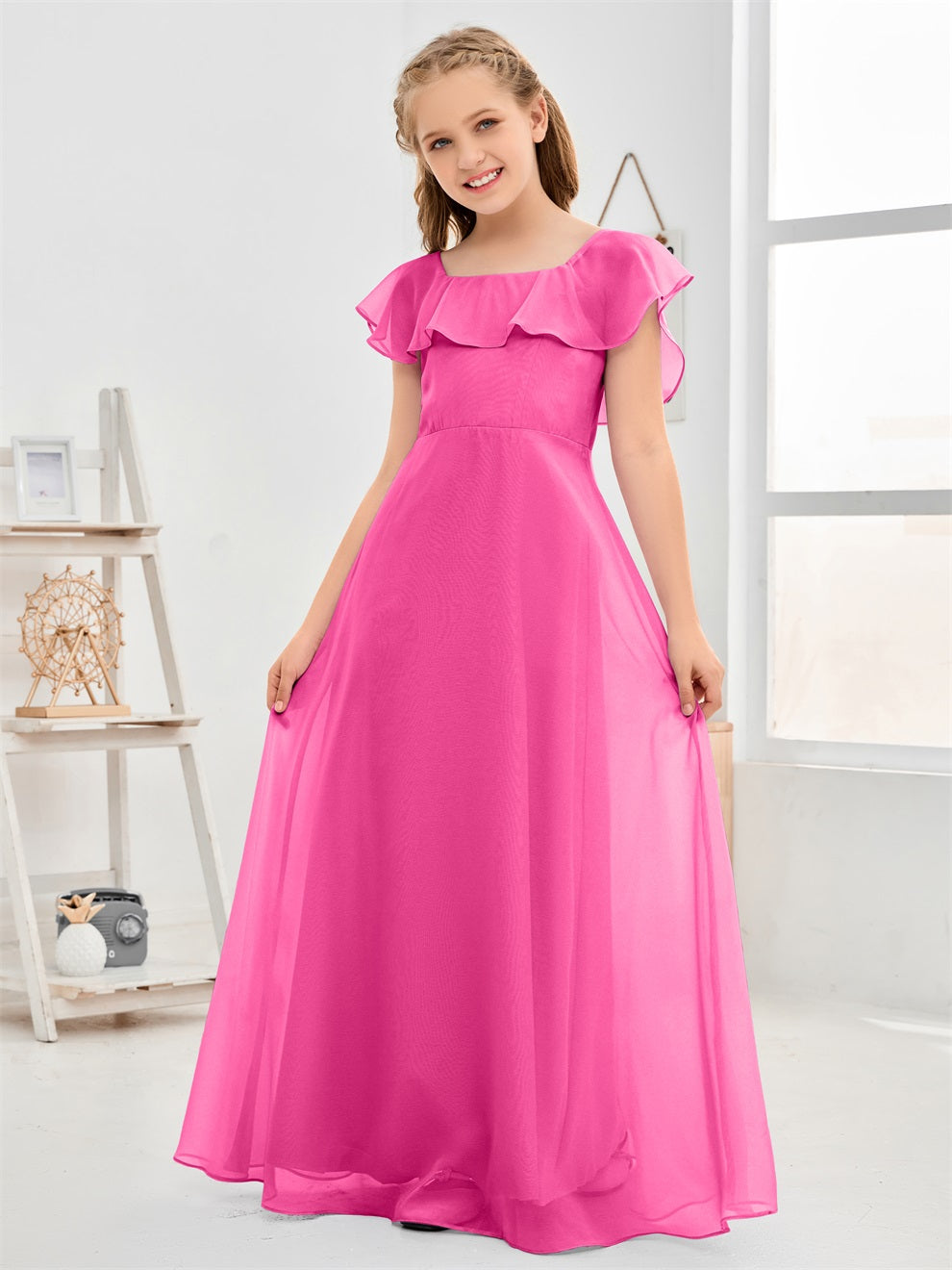 Gewelltes U-Ausschnitt Chiffon Junior Brautjungfernkleid