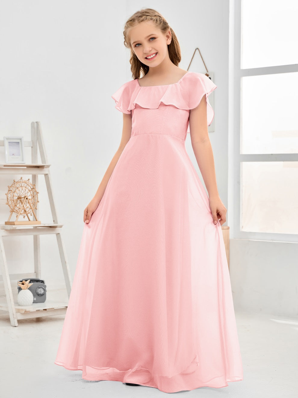 Gewelltes U-Ausschnitt Chiffon Junior Brautjungfernkleid