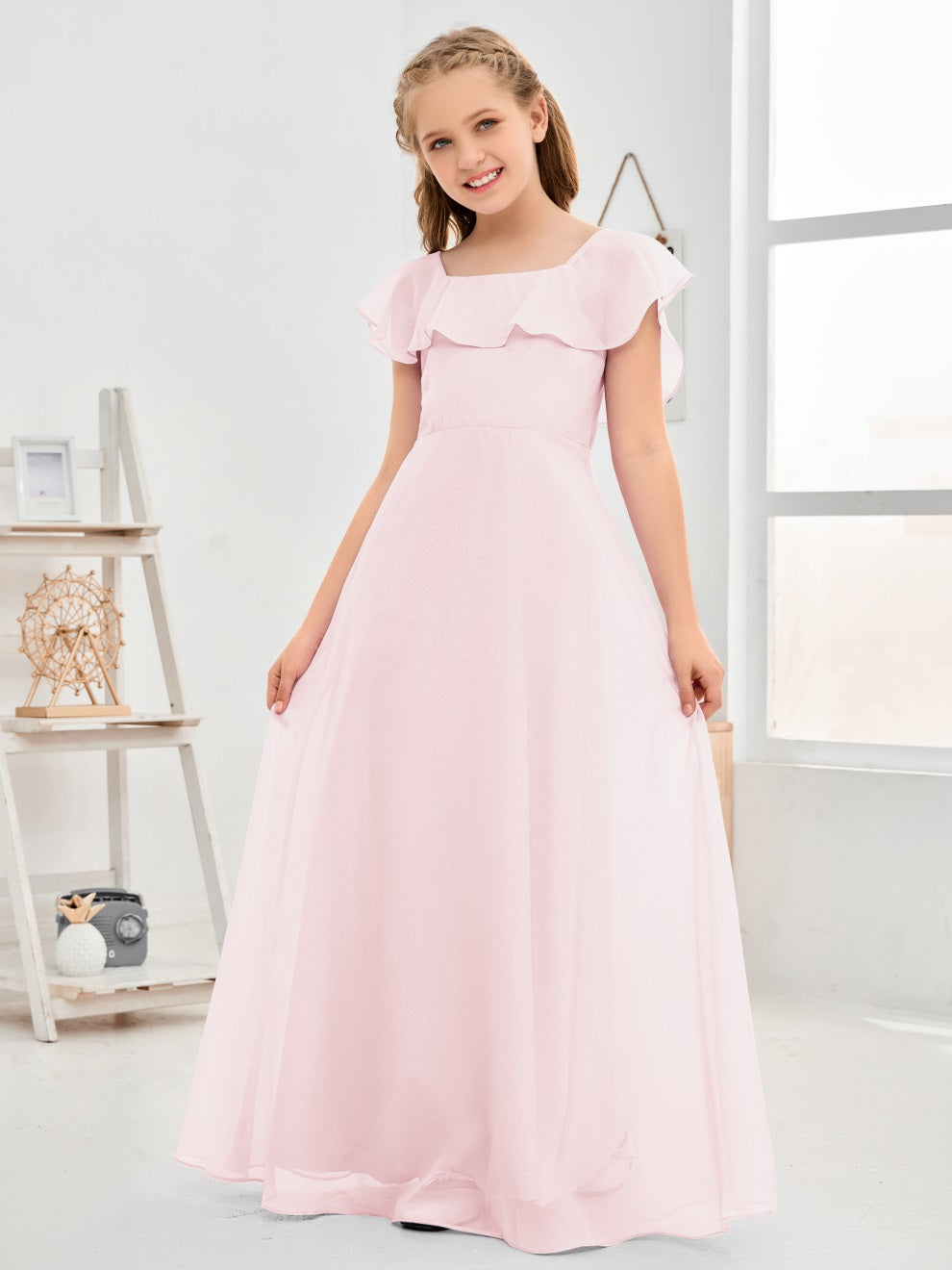 Gewelltes U-Ausschnitt Chiffon Junior Brautjungfernkleid