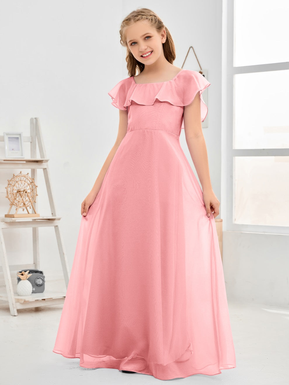 Gewelltes U-Ausschnitt Chiffon Junior Brautjungfernkleid