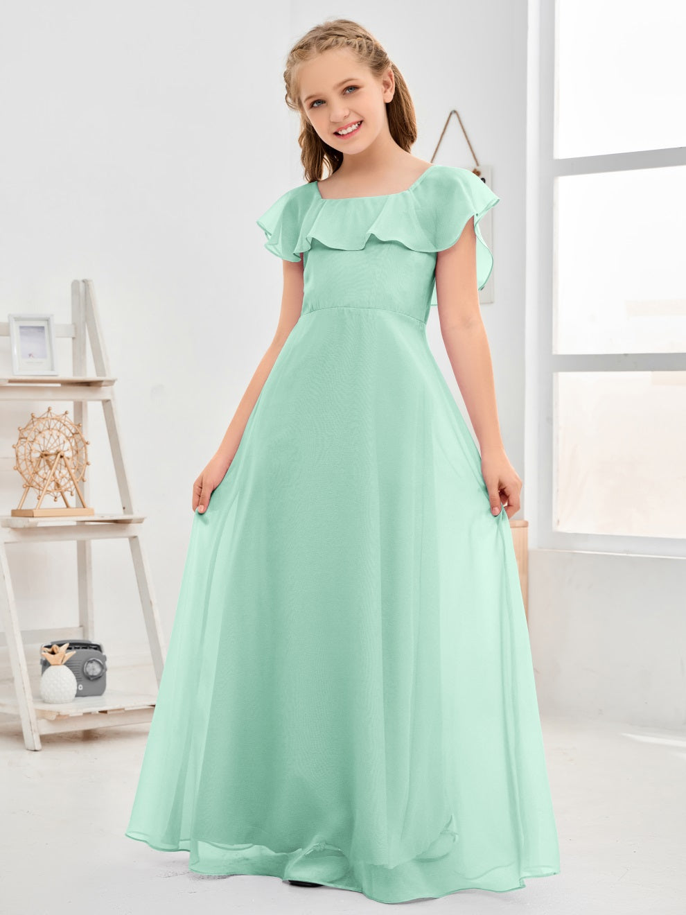 Gewelltes U-Ausschnitt Chiffon Junior Brautjungfernkleid