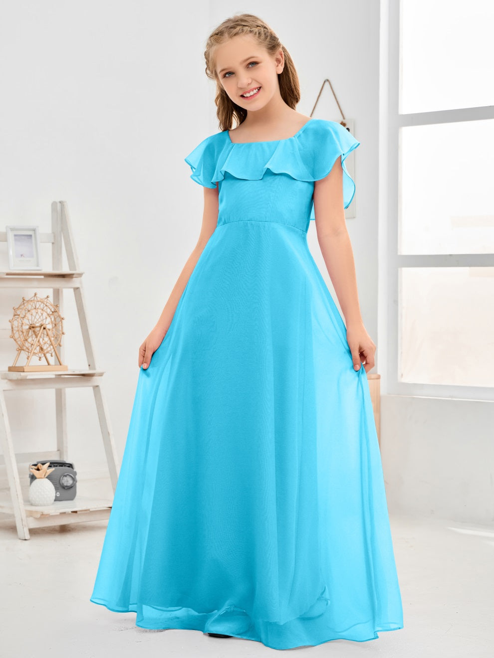 Gewelltes U-Ausschnitt Chiffon Junior Brautjungfernkleid