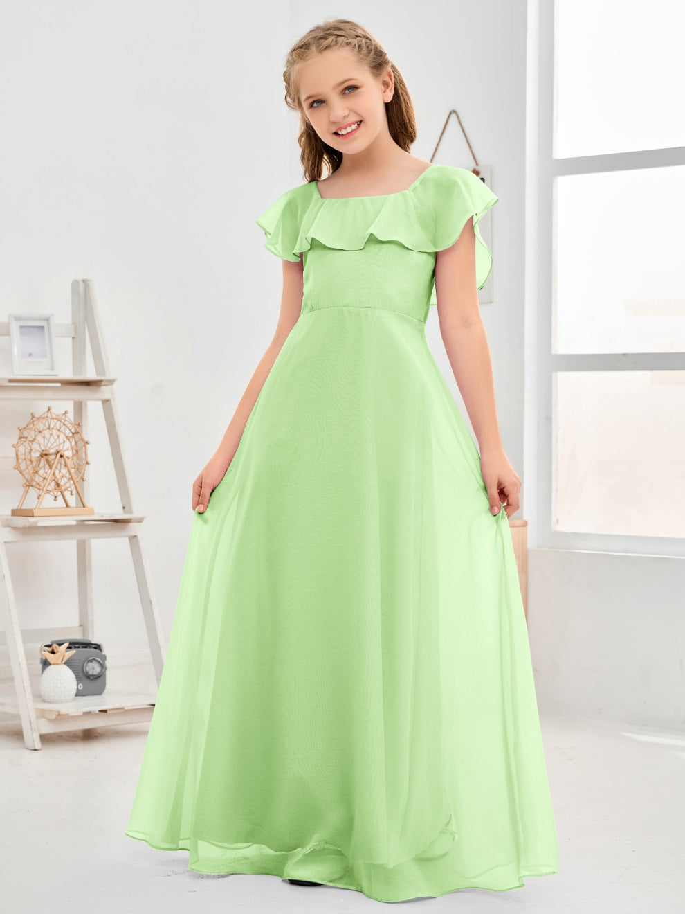 Gewelltes U-Ausschnitt Chiffon Junior Brautjungfernkleid